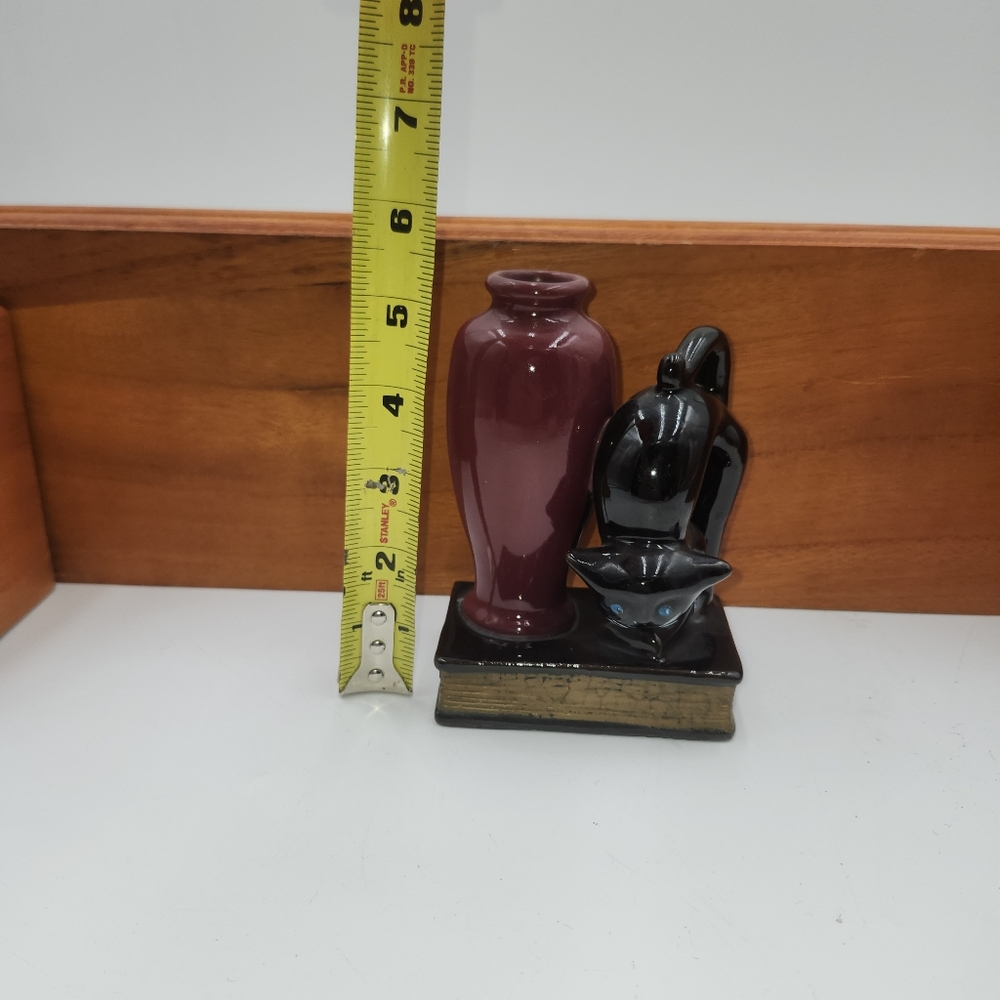 Vintage Redware Black Cat W/ Bud Vase on book bookend Made In Japan - Picture 8 of 10